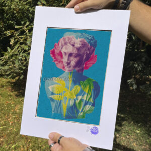Pop-Art Print, Poster Abstract, Aesthetic, Vaporwave. Green Diana Bust with flowers in background.