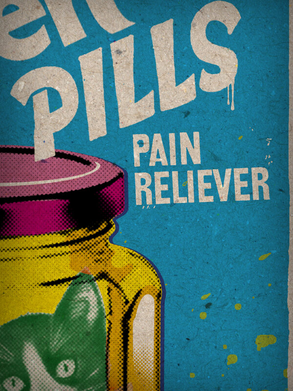 Pop-Art Print, Poster Kitten Pills Pain Reliever, Humor, Advertising, 50s, Cat Lover, Motivational
