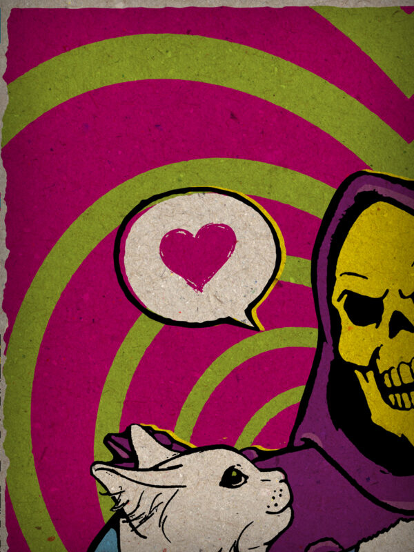 Skeletor Pet Love from Masters of the Universe Pop-Art Print, Poster Cult Comics, 80s, Humor, Cats, Animal Love, Tv Series, Motu